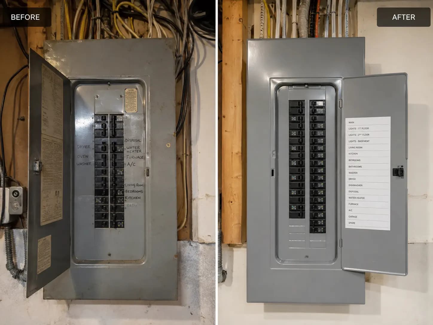 Before and after residential electrical panel upgrade
