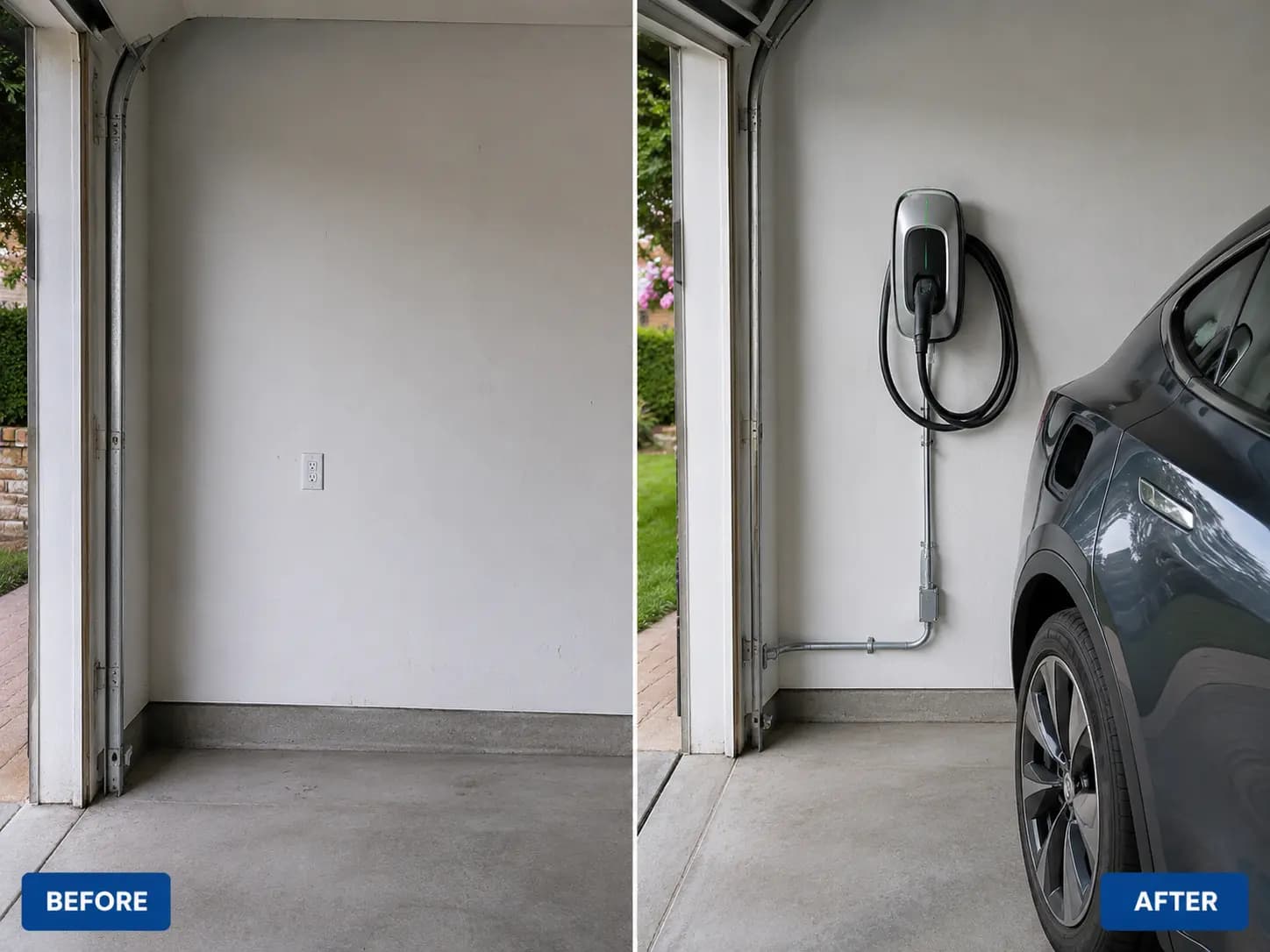 Before and after Level 2 EV charger installation in a residential garage