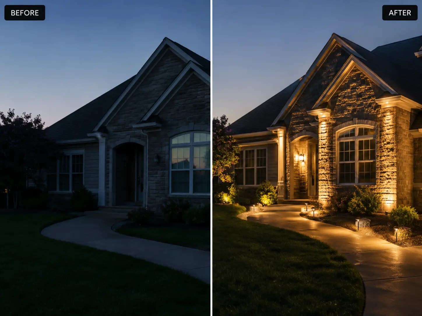 Before and after residential exterior lighting installation