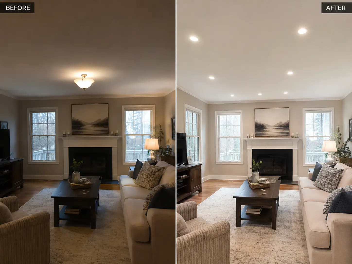 Before and after recessed lighting installation in a residential living room