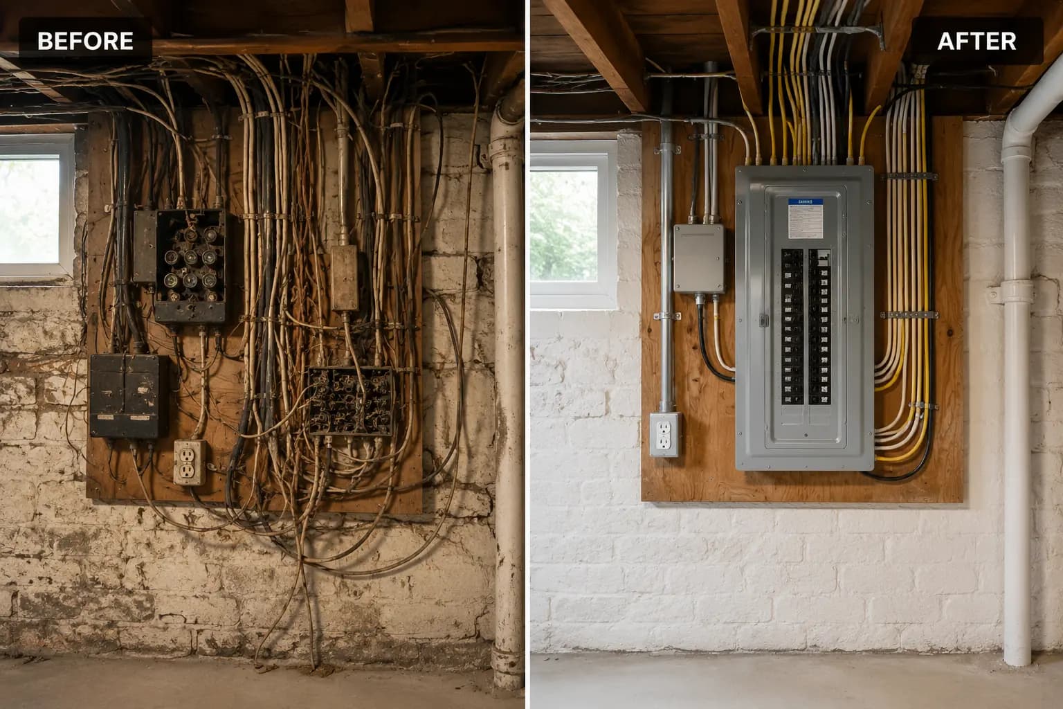 Before and after whole-home electrical rewiring with upgraded panel and organized wiring