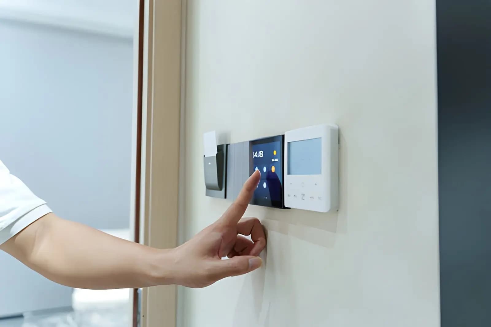 Homeowner using a wall-mounted smart home control panel