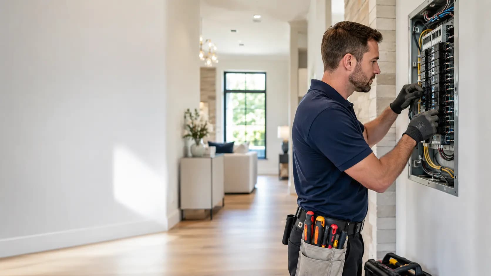 Licensed electrician inspecting a home electrical panel in McLean, VA