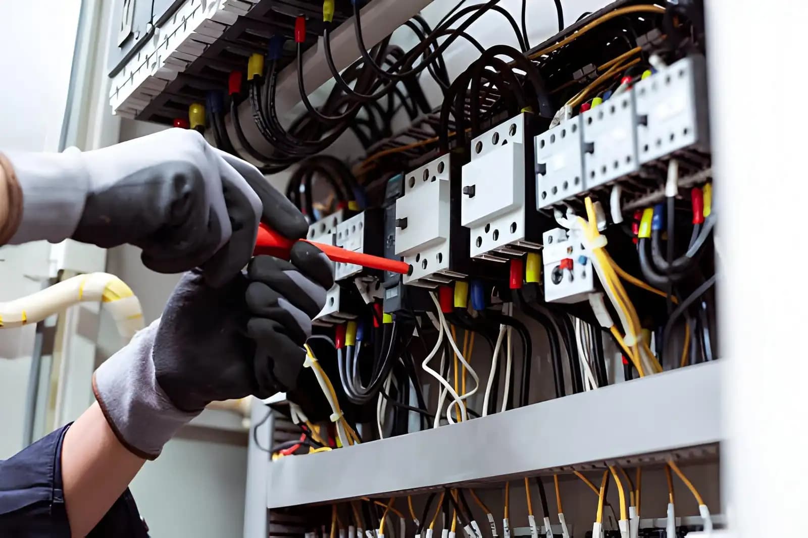 Electrician working on contactors and wiring inside a home electrical panel