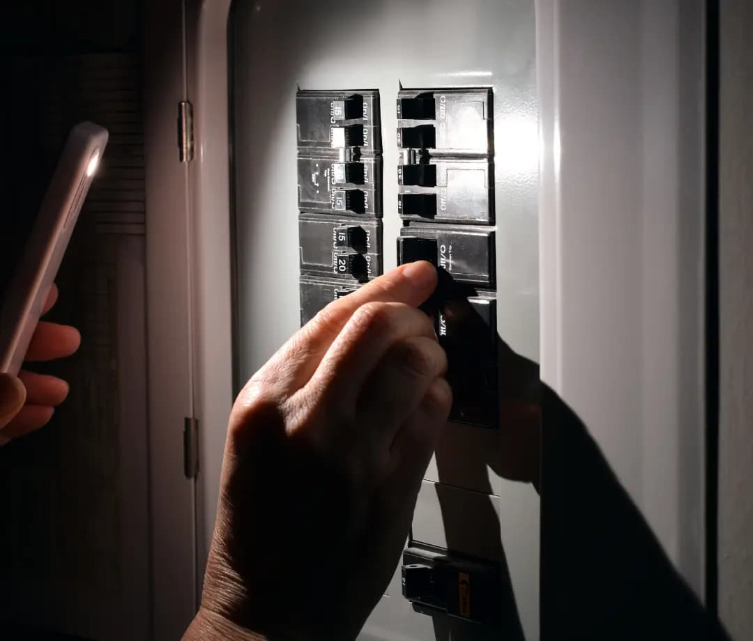 Electrician using a phone flashlight to inspect a breaker panel during a power outage
