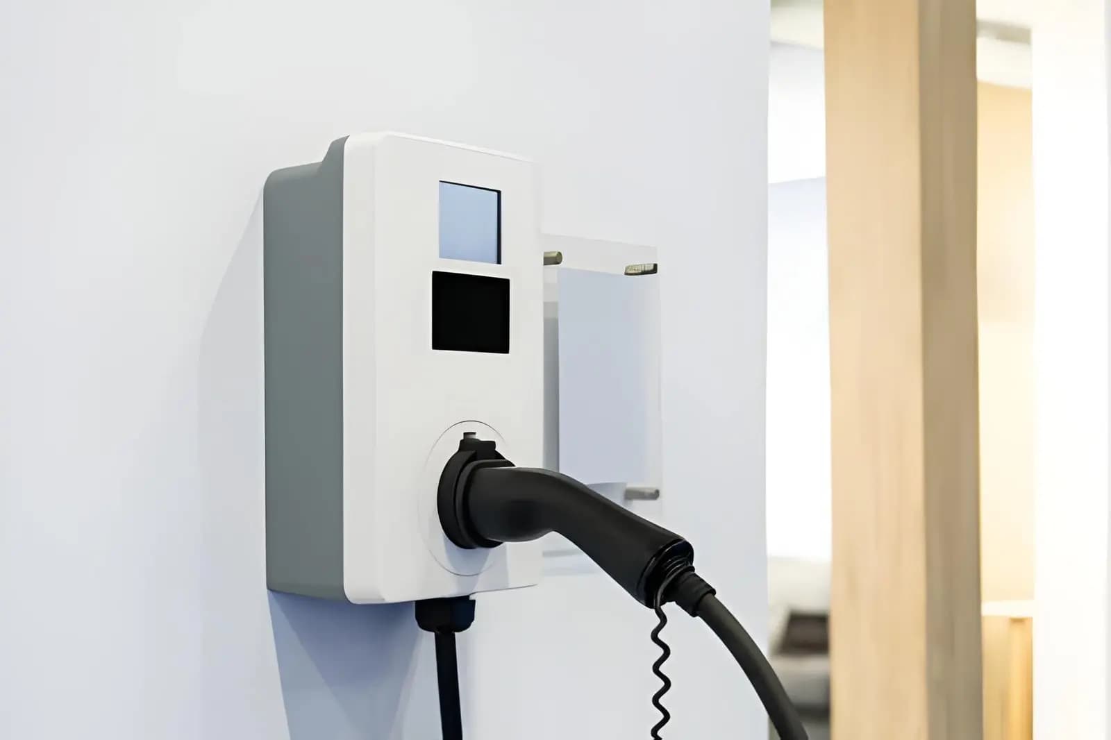 Modern Level 2 EV charger mounted on a garage wall with the charging cable connected