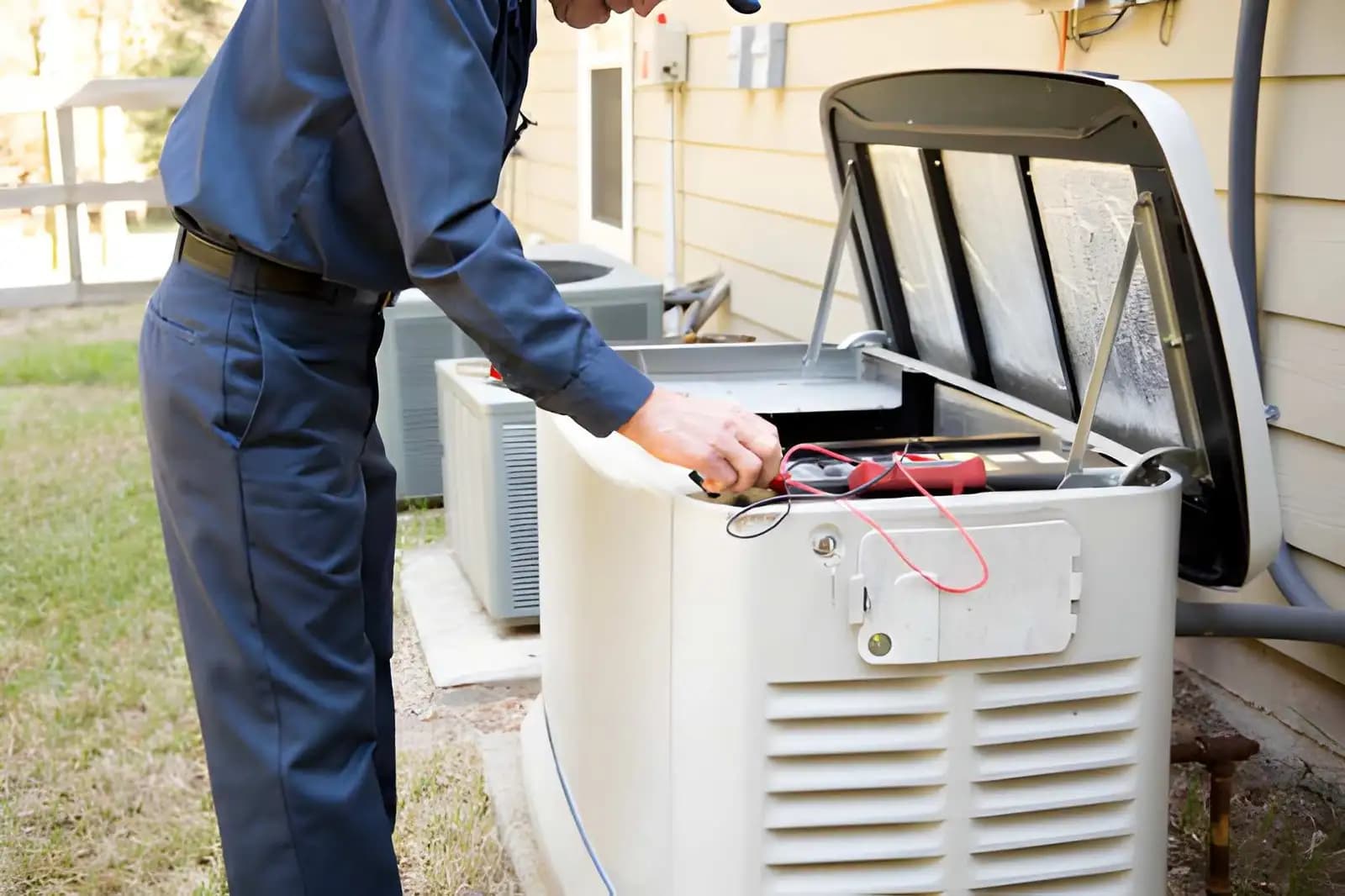 Technician servicing a home standby generator