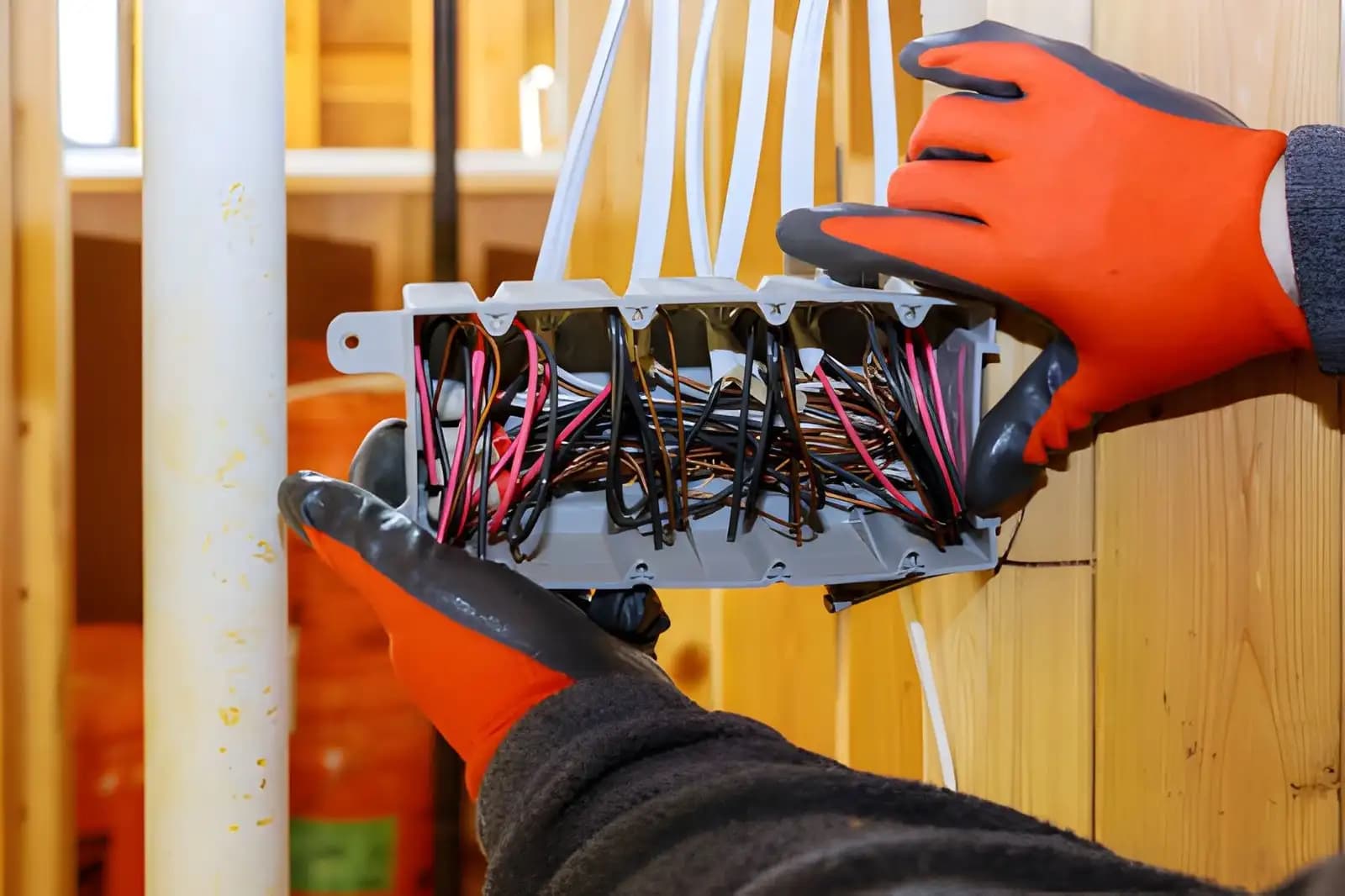 Electrician wiring a junction box in open wall framing during a whole-home rewiring project