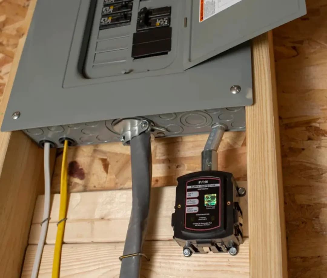 Whole-home surge protector installed next to a residential electrical panel